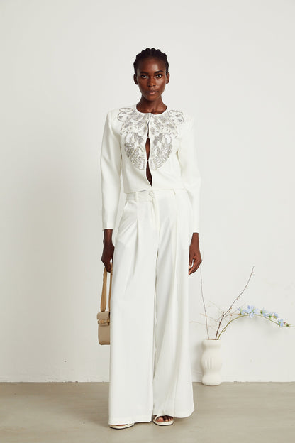Agnès white embellished jacket  trousers matching set