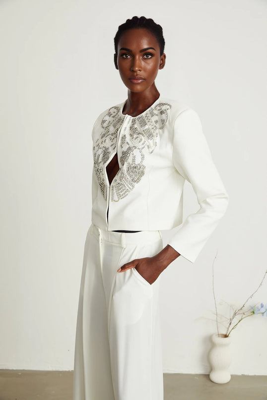 Agnès white embellished jacket  trousers matching set