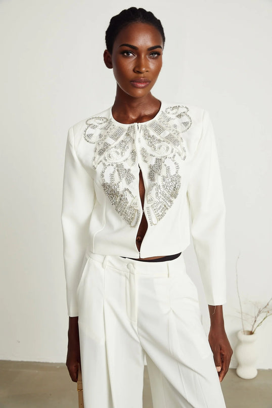 Agnès white embellished jacket  trousers matching set