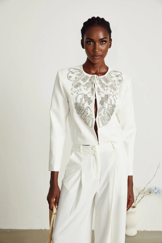 Agnès white embellished jacket  trousers matching set