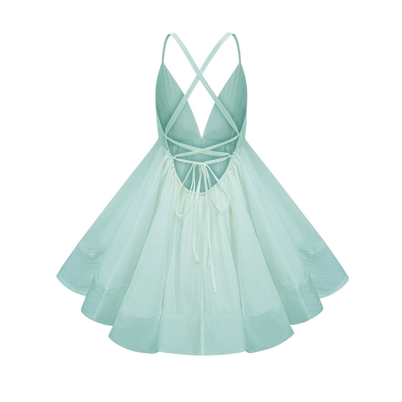 Agnese Green Mini Dress V-neck Sleeveless Tencel Terylene Fiber Shirred Asymmetrical Flounce Hem Self-tie Cross-over Straps Thigh-length High-low Silhouette Fashion Statement
