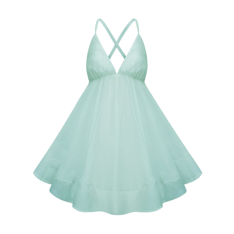 Agnese Green Mini Dress V-neck Sleeveless Tencel Terylene Shirred Asymmetrical Flounce Self-tie Cross-over Straps Thigh-length High-low Silhouette