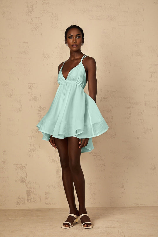 Agnese Green Mini Dress V-neck Sleeveless Tencel Terylene Shirred Asymmetrical Flounce Hem Cross-over Straps Thigh-length High-low Silhouette Chic Detail