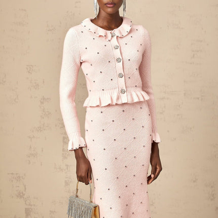 Agnese Pink Cardigan & Skirt Knit Set with Argyle Check Pattern and Bead Embellishments