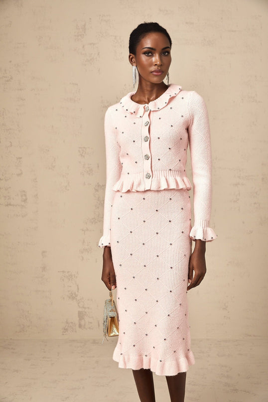 Agnese Pink Cardigan Skirt Knit Set