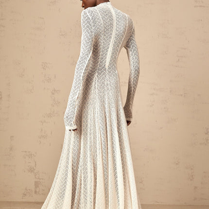 Agnese White Lace Overlay Maxi Dress with Wavy Pattern Crew Neck Long Sleeves Pleated Detailing Half Lining Rear Zip Fastening Nylon Spandex Blend Elegant Sophisticated Chic Luxury Modern Woman Glamour