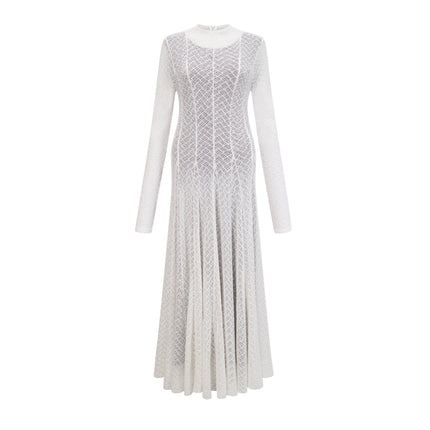 Agnese White Lace Overlay Maxi Dress with Wavy Pattern Crew Neck Long Sleeves Pleated Detailing Half Lining Rear Zip Fastening Nylon Spandex Blend Elegant Sophisticated Chic Luxury Modern Woman Glamour