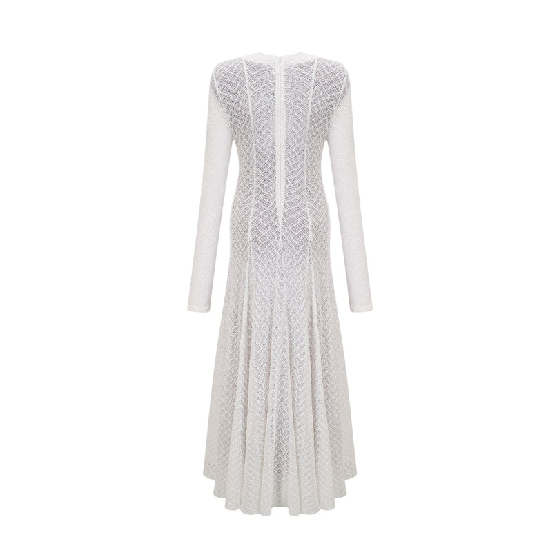 Agnese White Lace Overlay Maxi Dress with Wavy Pattern Crew Neck Long Sleeves Pleated Detailing Half Lining Rear Zip Fastening 90% Nylon 10% Spandex Elegant Sophisticated Chic Luxury Modern Woman Style Comfort Glamour