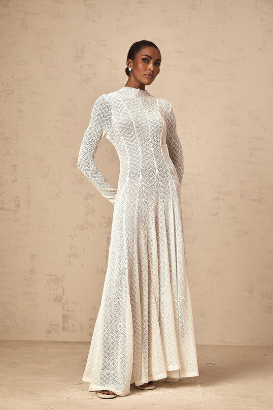 Agnese White Lace Overlay Maxi Dress with Wavy Pattern Long Sleeves Pleated Detailing and Half Lining