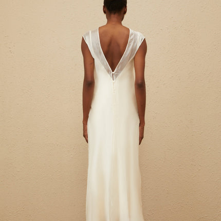 Agnese White Maxi Dress Luxury Tulle Sheer Shoulder Floor-Length Flared Hem Sleeveless Round Neck Button Fastening Slip Satin Lining