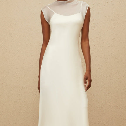 Agnese White Maxi Dress luxury tulle sheer shoulder floor-length round neck sleeveless rear button fastening slip satin lining elegant special occasions