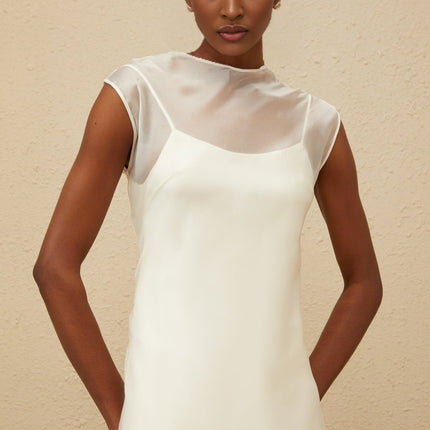 Agnese White Maxi Dress luxury tulle masterpiece sheer shoulder design round neck sleeveless style dramatic silhouette rear button fastening internal slip satin lining