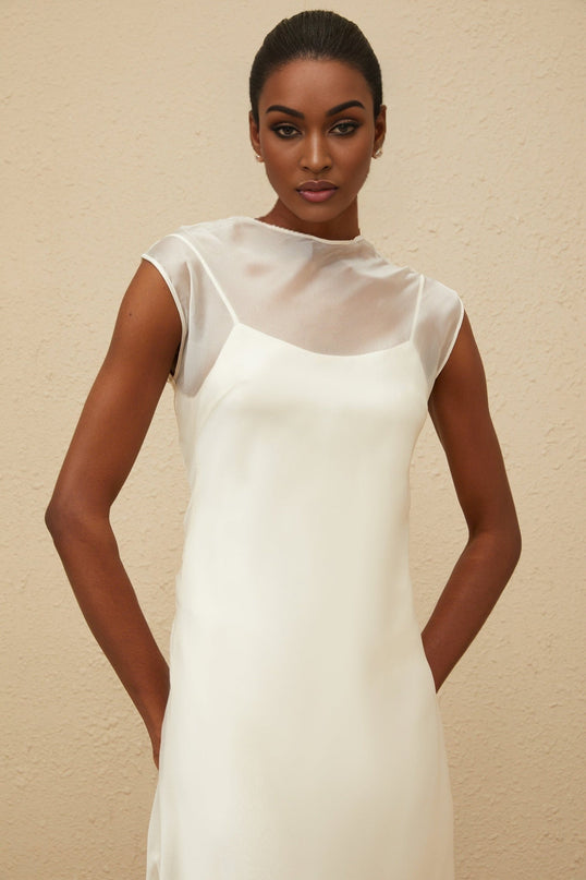 Agnese White Maxi Dress luxury tulle masterpiece sheer shoulder design round neck sleeveless style dramatic silhouette rear button fastening internal slip satin lining