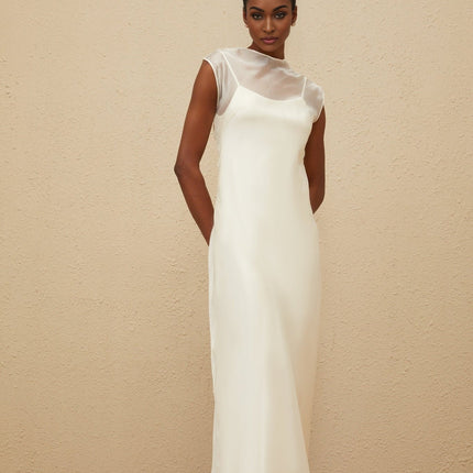 Agnese White Maxi Dress Luxury Tulle Sheer Shoulder Floor-Length Flared Hem Sleeveless Round Neck Button Fastening Slip Satin Lining Special Occasions