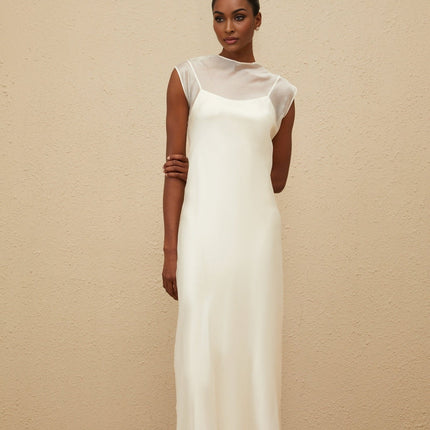 Agnese White Tulle Maxi Dress with Sheer Shoulder Design and Flared Hem