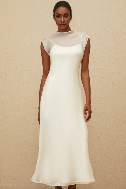 Agnese White Tulle Maxi Dress with Sheer Shoulders and Flared Hem