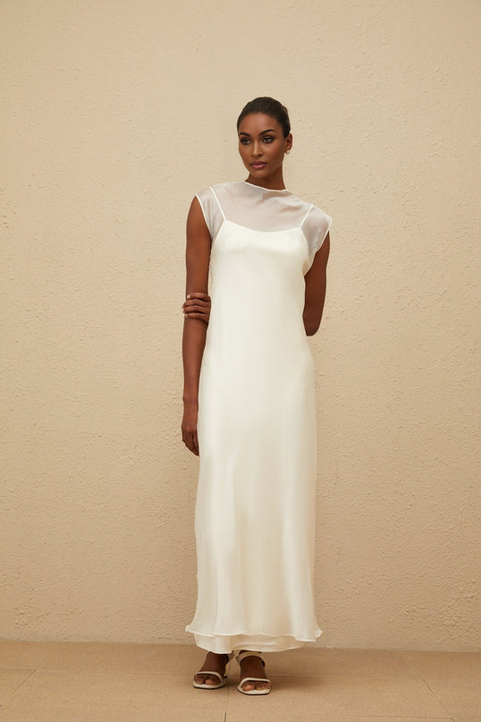 Agnese White Tulle Maxi Dress with Sheer Shoulder Design and Flared Hem