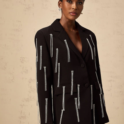 Agnolina Black Crystal Tassel Blazer Jacket