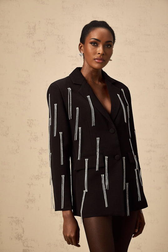 Agnolina Black Crystal Tassel Blazer Jacket