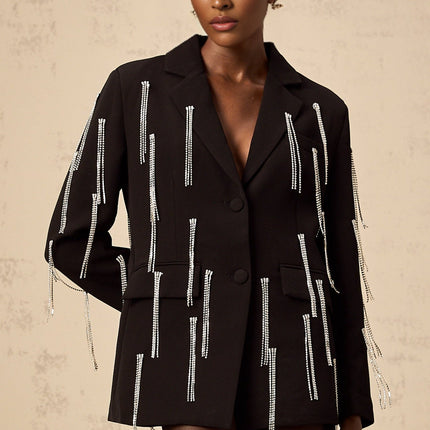 Agnolina Black Crystal Tassel Jacket Blazer with Notched Lapels and Flap Pockets
