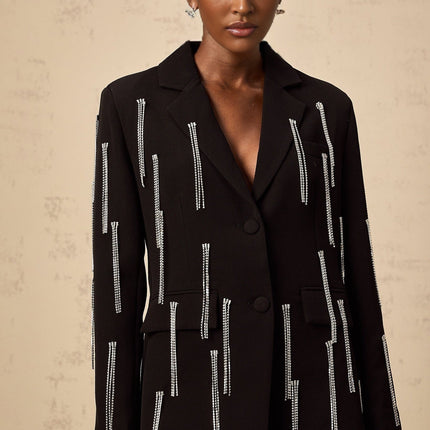 Agnolina Black Crystal Tassel Jacket Blazer with Notched Lapels and Chest Welt Pocket