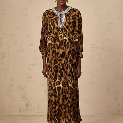 Agnolina Brown Leopard Print Midi Dress with Crystal Embellishment
