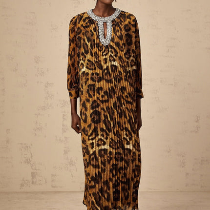 Agnolina Brown Leopard Print Midi Dress with Crystal Embellishment