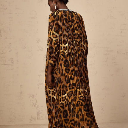 Agnolina Brown Leopard Print Midi Dress with Crystal Embellishment