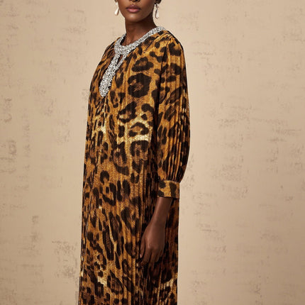 Agnolina Brown Leopard Print Midi Dress with Crystal Embellishment