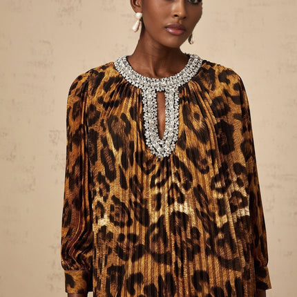 Agnolina Brown Leopard Print Midi Dress with Crystal Embellishment