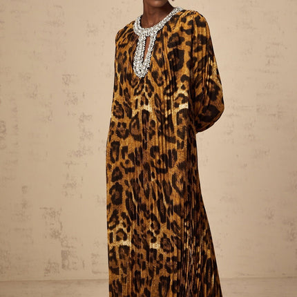 Agnolina Brown Leopard Print Midi Dress with Crystal Embellishment