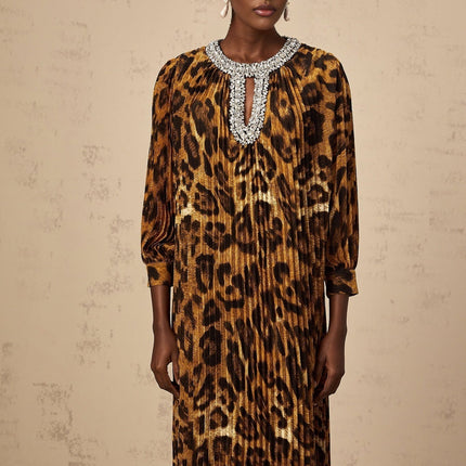 Agnolina Brown Leopard Print Midi Dress with Crystal Embellishment