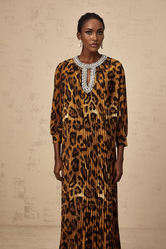 Agnolina Brown Leopard Print Midi Dress with Crystal Embellishment