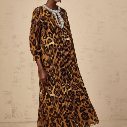 Agnolina Brown Leopard Print Midi Dress with Crystal Embellishment