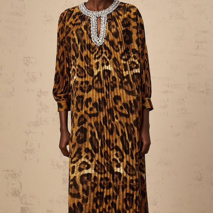 Agnolina Brown Leopard Print Midi Dress with Crystal Embellishment