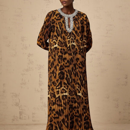 Agnolina Brown Leopard Print Midi Dress with Crystal Embellishment