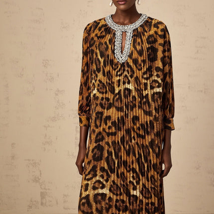 Agnolina Brown Leopard Print Midi Dress with Crystal Embellishment