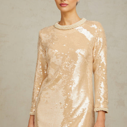 Agnolina Mini Dress Neutrals Sequin Faux-Pearl Embellishments Crew Neck Long Sleeves Rear Zip Fastening Straight Hem Thigh-Length Cut Terylene Fiber Nylon Blend