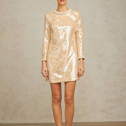 Agnolina Mini Dress Neutrals Sequin Faux-Pearl Embellishments Crew Neck Long Sleeves Rear Zip Fastening Straight Hem Thigh-Length Cut Terylene Fiber Nylon Blend