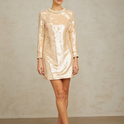 Agnolina Mini Dress Neutrals Sequin Faux-Pearl Embellishments Crew Neck Long Sleeves Rear Zip Fastening Straight Hem Thigh-Length Cut Terylene Fiber Nylon Blend