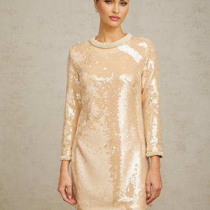 Agnolina Mini Dress Neutrals Sequin Faux-Pearl Embellishments Crew Neck Long Sleeves Rear Zip Fastening Straight Hem Thigh-Length Cut Terylene Fiber Nylon Blend