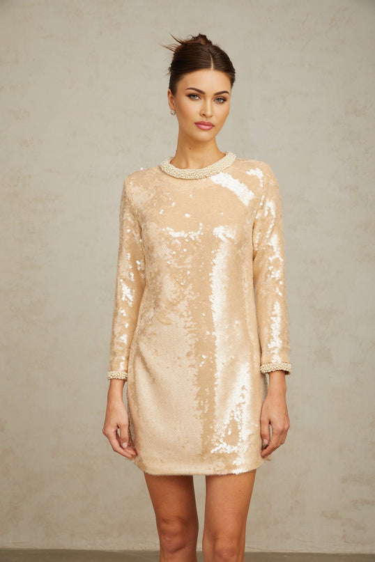 Agnolina Mini Dress Neutrals Sequin Faux-Pearl Embellishments Crew Neck Long Sleeves Rear Zip Fastening Straight Hem Thigh-Length Cut Terylene Fiber Nylon Blend