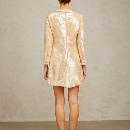 Agnolina Mini Dress Neutrals Sequin Faux-Pearl Embellishments Crew Neck Long Sleeves Rear Zip Fastening Straight Hem Thigh-Length Cut Terylene Fiber Nylon Blend
