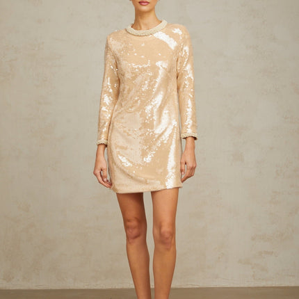 Agnolina Mini Dress Neutrals Sequin Faux-Pearl Embellishments Crew Neck Long Sleeves Rear Zip Fastening Straight Hem Thigh-Length Cut Terylene Fiber Nylon Blend