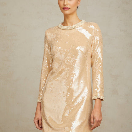 Agnolina Mini Dress Neutrals Sequin Faux-Pearl Embellishments Crew Neck Long Sleeves Rear Zip Fastening Straight Hem Thigh-Length Cut Terylene Fiber Nylon Blend
