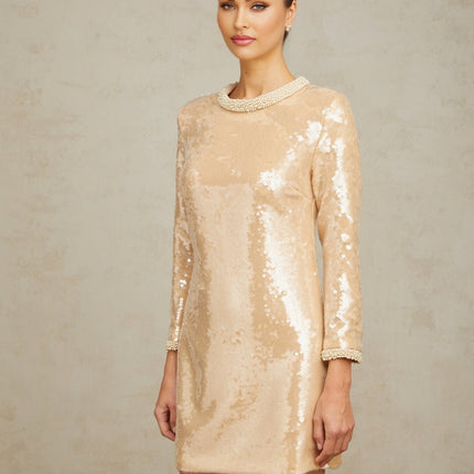 Agnolina Neutrals Sequin Faux-Pearl Mini Dress Crew Neck Long Sleeves Rear Zip Straight Hem Thigh-Length Terylene Nylon Blend