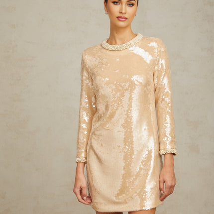 Agnolina Neutrals Sequin Faux-Pearl Embellished Mini Dress Crew Neck Long Sleeves Rear Zip Fastening Straight Hem Thigh-Length Cut Terylene Nylon Blend