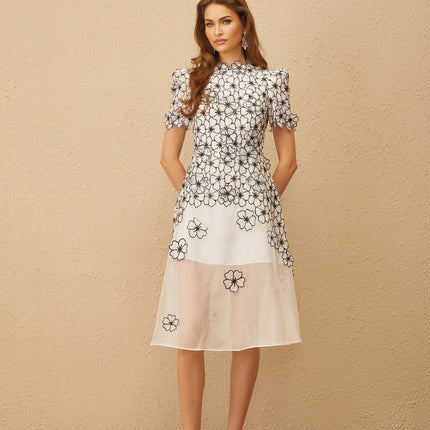 Agnolina White Floral Tulle Midi Dress with 3D-Petal Detailing