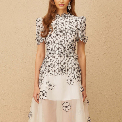 Agnolina White Floral Tulle Midi Dress with 3D Petal Detailing