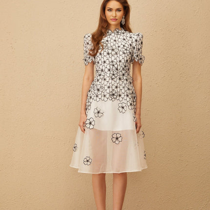 Agnolina White Floral Tulle Midi Dress with 3D Petal Detailing and Scallop Trim